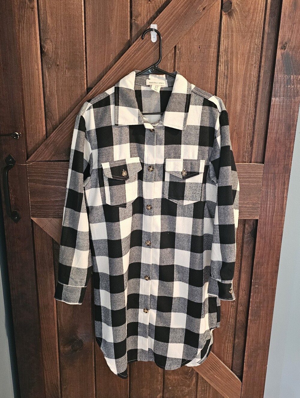 Happily Grey Black White Buffalo Plaid Oversized Flannel Shacket Dress Size M